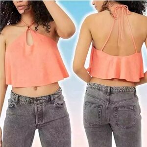 NWT FREE PEOPLE Long Weekend Linen Blend Keyhole Halter Top Sz S Watermelon